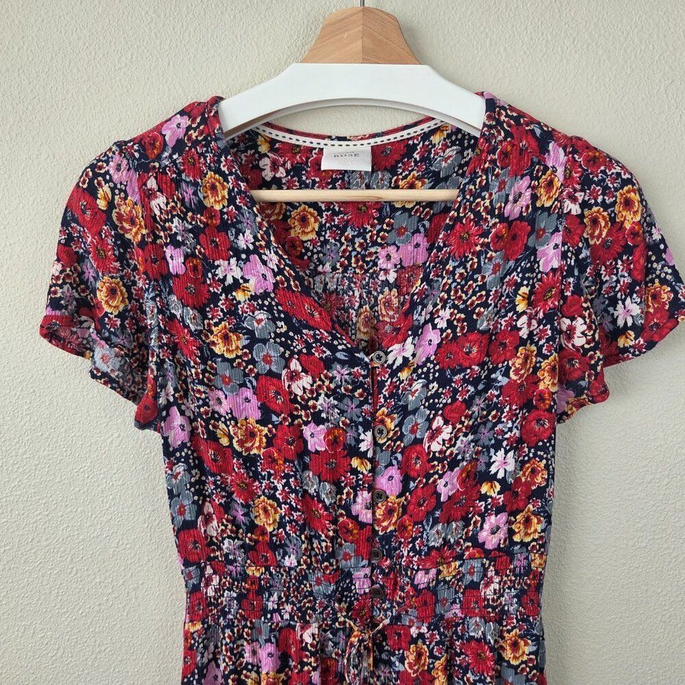 Knox Rose Floral Tassel Boho Midi Dress Size XS Red Multi Crepe Flowy Rayon - Picture 3 of 11